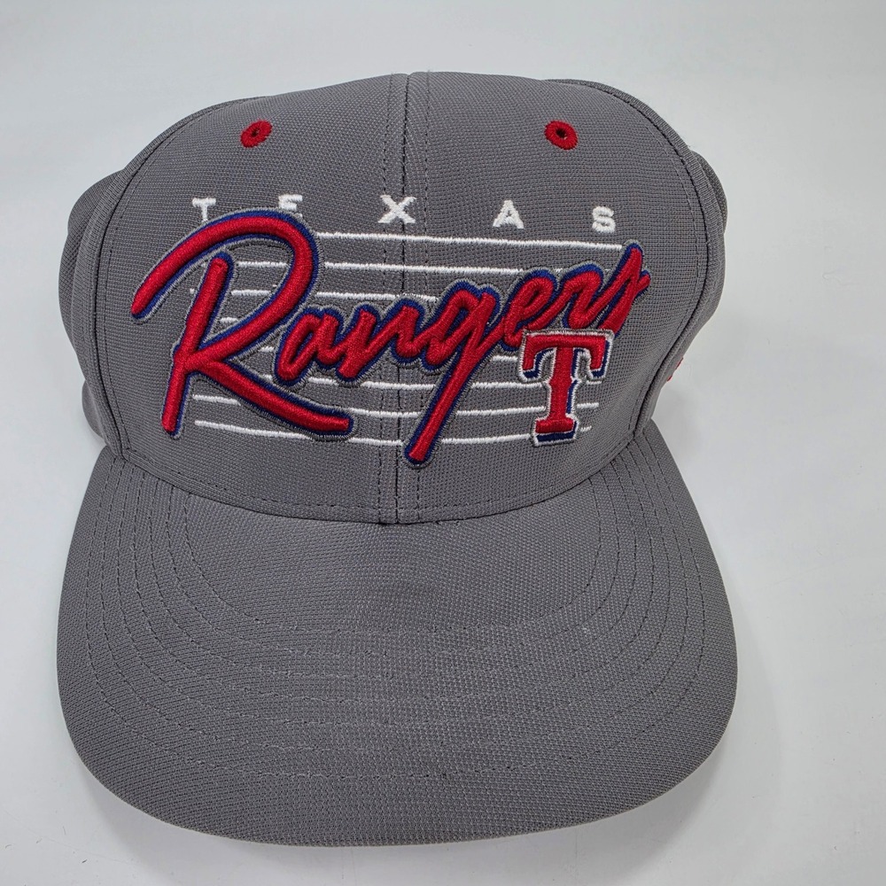 Texas Rangers MLB Hat Fitted Script Logo Grey Red S-M Baseball Cap 47 Brand